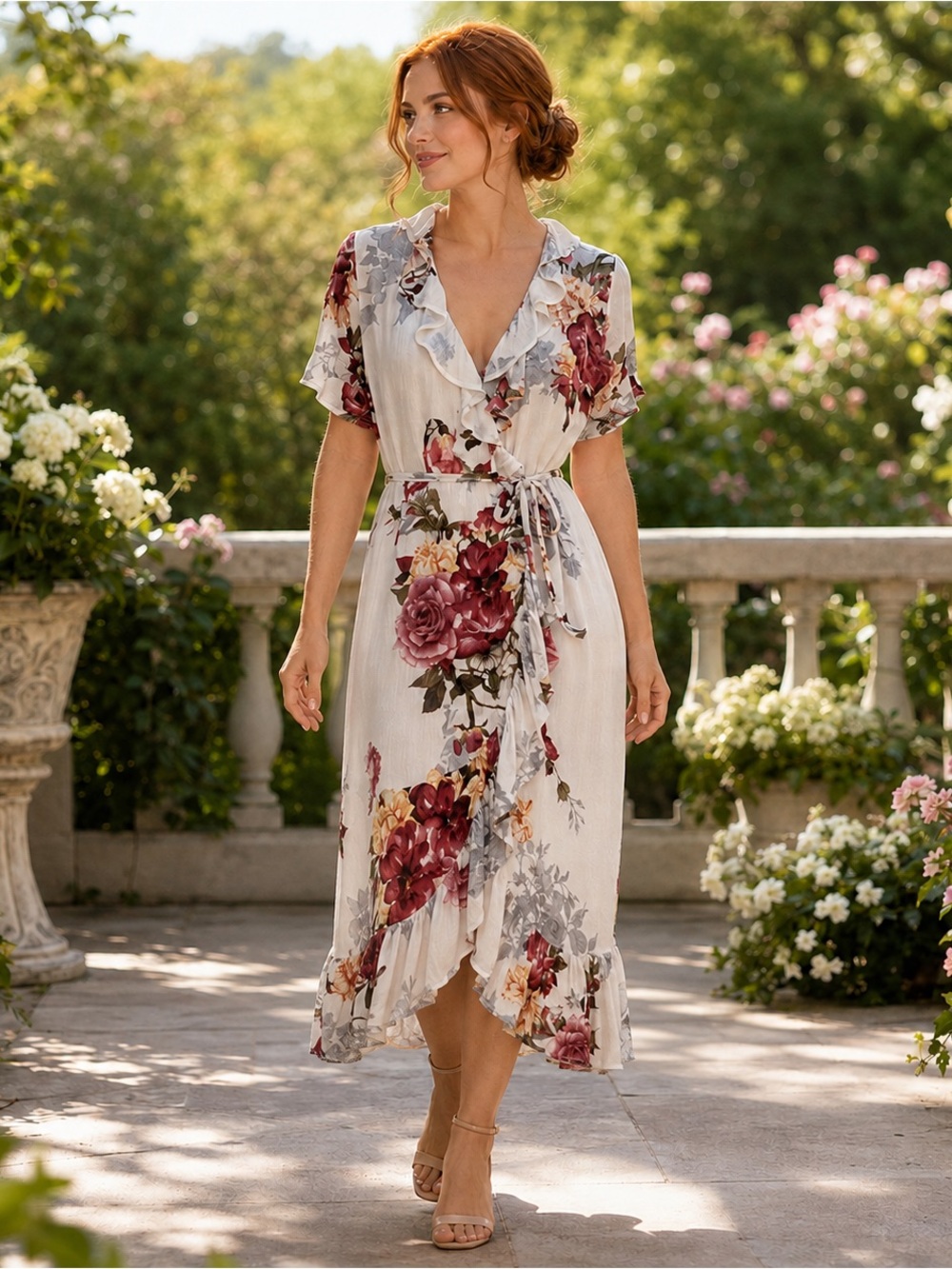 Windsor Ivory Floral Ruffle Wrap Midi Dress Size M
